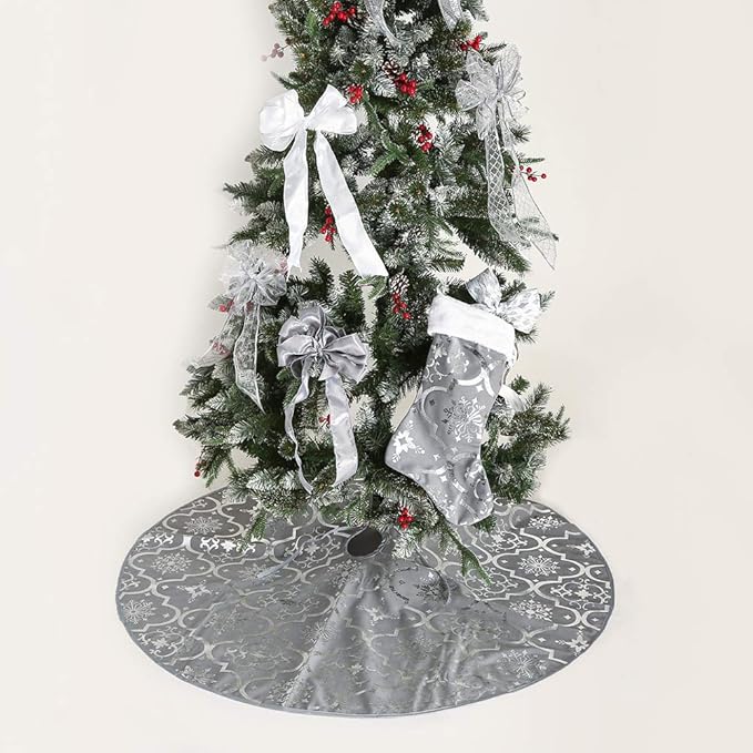 Flash World 48 Inch Large Christmas Tree Skirt Xmas Soft Cover Mat Decor Snowflake Collar Farmhouse Tree Skirt for Holiday Ornaments Party Home Indoor Decorations (Grey, 48INCH)