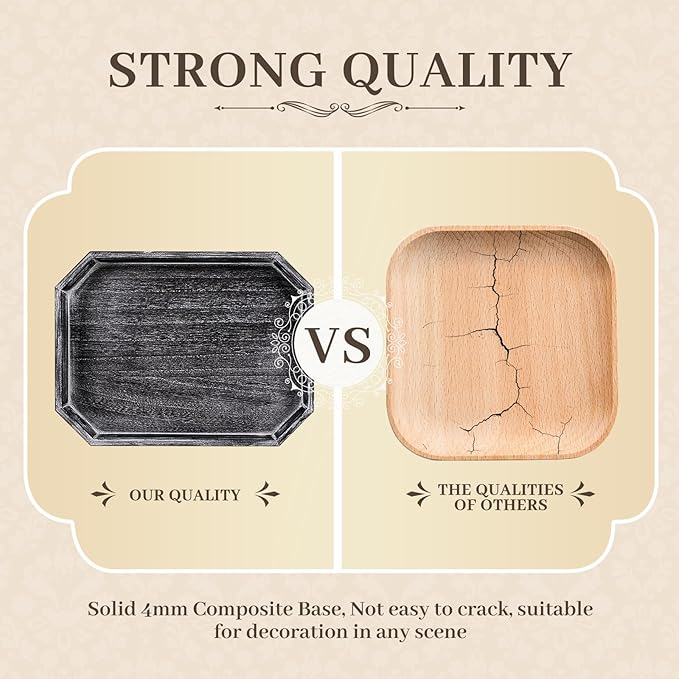 Decorative Coffee Table Serving Tray, Long Octagonal Black Wood Tray with Wooden Bead, Farmhouse Big for Ottoman Table, Countertop, Home Decor, 16.5"x13"x1.6" (Retro Black)