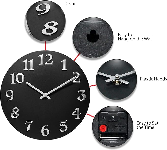 Infinity Instruments Vogue, Modern Matte Finish Open Face Wall Clock, Stunning Easy to Read Metal Hands and Numbers, Easy Hang Keyhole Design, 12 Inch, Black/Silver…