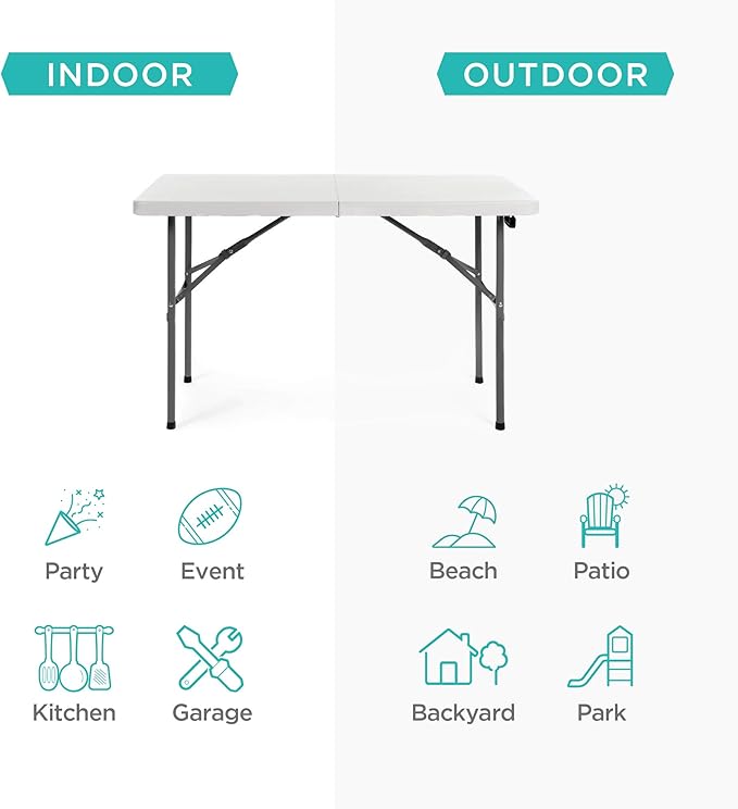 Best Choice Products 4ft Plastic Folding Table, Indoor Outdoor Heavy Duty Portable w/Handle, Lock for Picnic, Party, Camping - White