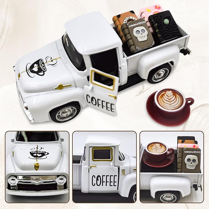 Coffee Decor for Coffee Bar Vintage Metal Truck with Mini Fake Books and Coffees Farmhouse Tabletop Coffees Ghost Sign Halloween Tiered Tray Decor Rustic Table Centerpiece for Home Kitchen, White