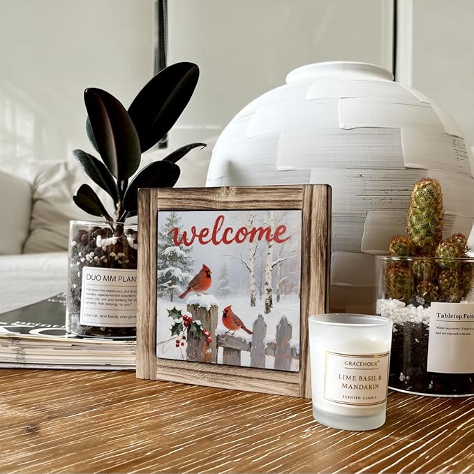 Christmas Welcome Sign, Cardinal Decors, Farmhouse Wooden Table Sign, Desk Decor Art, Winter Home Decor, Christmas Decoration for Home Office Cafe Bar Club, Front Door Porch Decors