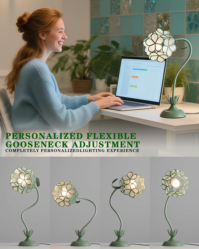 Flower Table Lamp, Vintage Green Floral Desk Light with Artistic Glass Petal Shade, Cottagecore Ambient Bedside Nightstand Lamp for Bedroom, Living Room, Study, Gift
