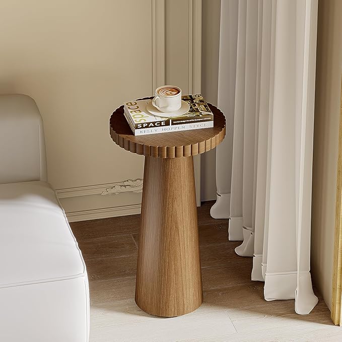 Small Side Table, Wood End Table with Fluted Pedestal Base, Round Drink Table for Small Spaces, Modern Accent Table for Living Room, Bedroom or Sofa Side(1, Walnut)