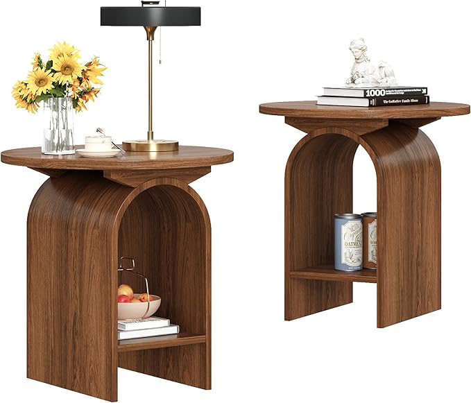 Side Table Set of 2, Round Coffee Table for Living Room, 2-Tier end Table with Storage and Thickened Tabletop, Modern Center Table Boho Small Bed Side Table for Living Room Office, Walnut