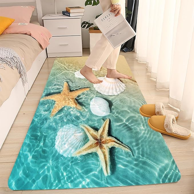 Bath Rugs Sponge Foam Absorbent Soft for Bathroom and Kitchen (23.5x59 inches), Flannel Mat Non Slip Bright 3D Print for Bedside and Living Room(Scallop Starfish)