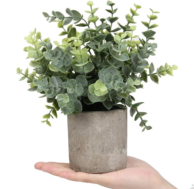 Flojery 2 Pack Small Fake Plants Faux Eucalyptus Potted Artificial Plants for Home Indoor Office Bathroom Dining Room Coffee Table Décor