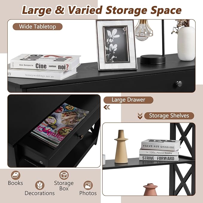 GOFLAME 39" Console Sofa Table with Drawers, 3-Tier Narrow Entry Table with Storage Shelves for Living Room Behind Couch, Entryway, Hallway (Black)