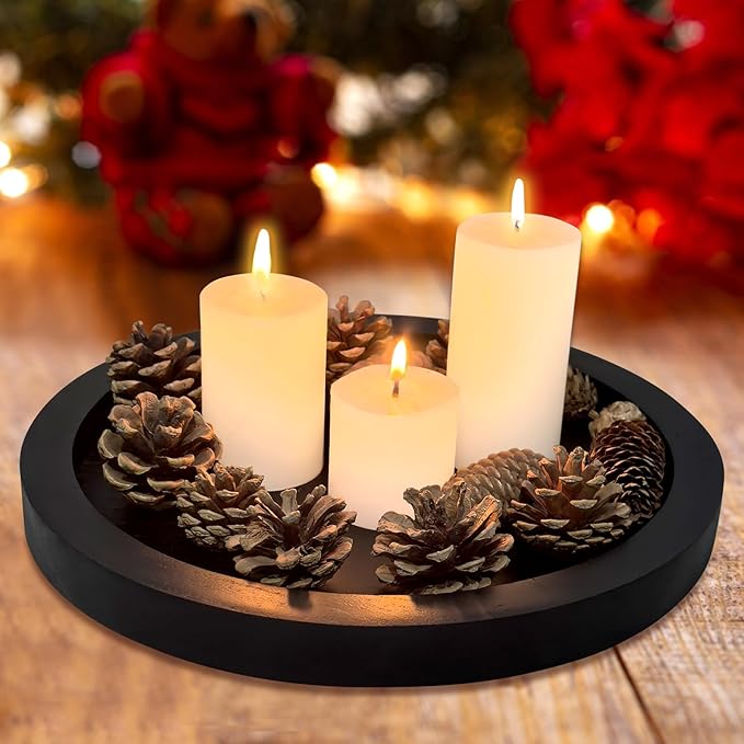 Round Decorative Tray for Coffee Dining Table Countertop Small Wooden Serving Trays Farmhouse Kitchen Home Living Room Decor and Bathroom Accessories Tray Black Rustic Wood Candle Centerpiece Trays
