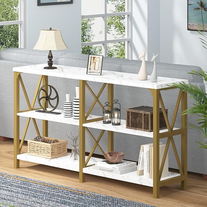 IBF Modern 3 Tier Entryway Table, Industrial Metal Wood TV Console Table with Storage Shelves, Farmhouse White Faux Marble and Gold Sofa Accent Table for Hallway Entry Way Foyer Living Room, 55 Inch