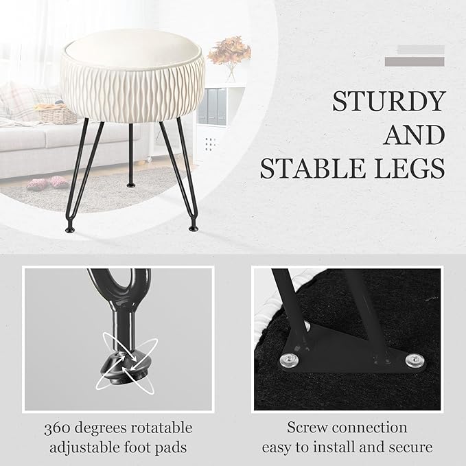Velvet Vanity Stool Footrests, Round Ottoman Vanity Chairs with Anti-Slip Feet, Dressing Table Seat Foot Stool with Black Legs, Furry Padded Seat Side Table for Makeup Bedroom, White