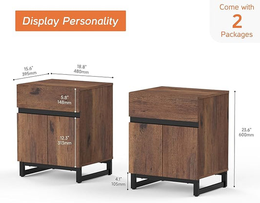 WAMPAT 2 Pack Modern End Table with 1 Drawer & 1 Storage Cabinet, Farmhouse Sofa Table with 2 Open Door, Wood Rustic Side End Table for Living Room, Nighstand for Bedroom, Brown
