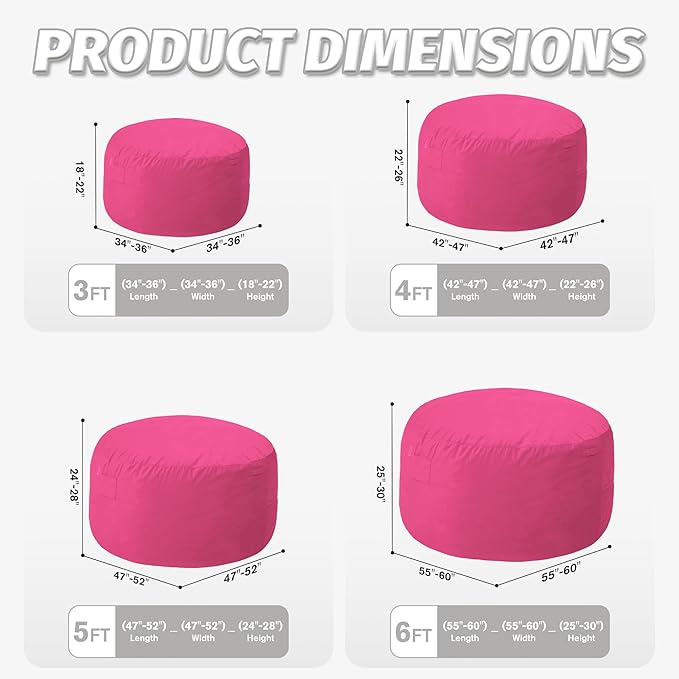 5FT Bean Bag Chair with Ultra Soft Velvet Cover Bean Bag Sofa with Memory Foam Bean Bag Chairs with Large Size Lazy Sofa for Dorm Office Living Room Bedroom Hot Pink 5'