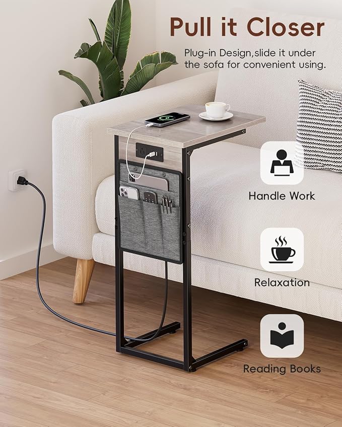 Vagusicc C Shaped End Table with Charging Station, Tall Side Table for Couch, Small Couch Side Table Recliner Tables, Slide Under Sofa Table TV Tray Arm Tables for Living Room, Bedroom, Bedside, Gray