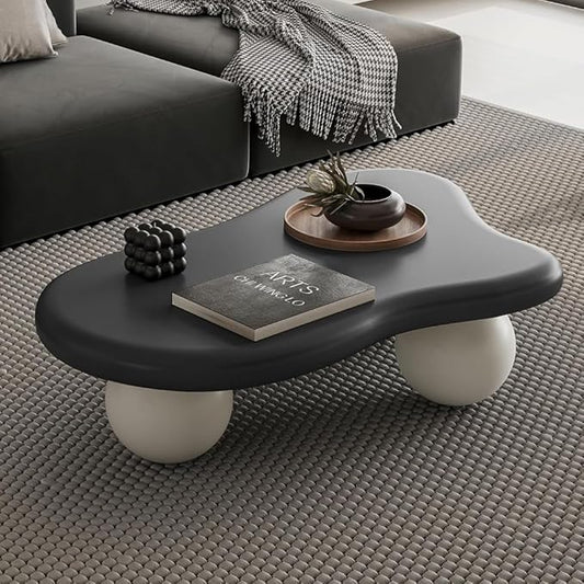 40" Cloud Coffee Table for Living Room Irregular Coffee Table Modern Low Coffee Tables Abstract Faux Stone Cute Center Table with 3 Ball Legs for Small Space Apartment Black & White