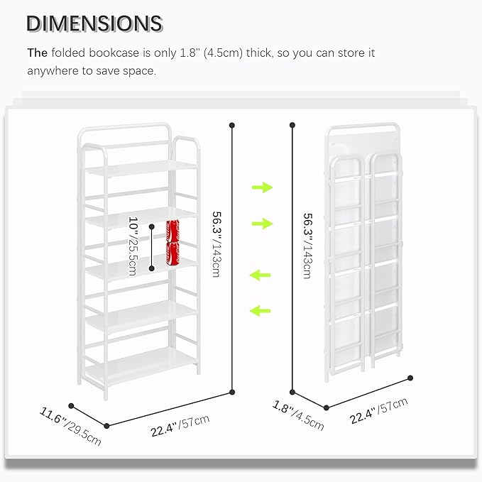 4NM No Assembly Folding Bookshelf, 5 Tiers Collapsible Book Shelves Open Industrial Foldable Storage Bookcase Shelf for Bedroom, Living Room, Home Office - All White