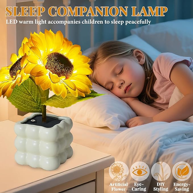 Flower Table Lamp, Touch Stepless Dimming Night Light, USB Rechargeable Small Desk Lamp, LED Sunflowers Artificial Flowers Lamp Aesthetic for Bedroom Home Decor (Sunflower-B)