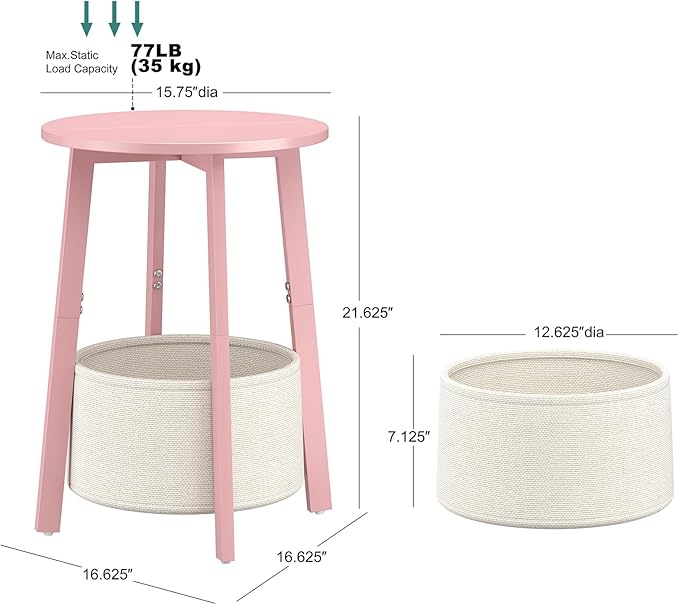 Small Round Side End Table Set of 2 with Cloth Storage Basket, Round Bedside Sofa Couch Coffee Tables for Small Places with Metal Frame, Modern Nighstands for Living Room Bedroom,Pink