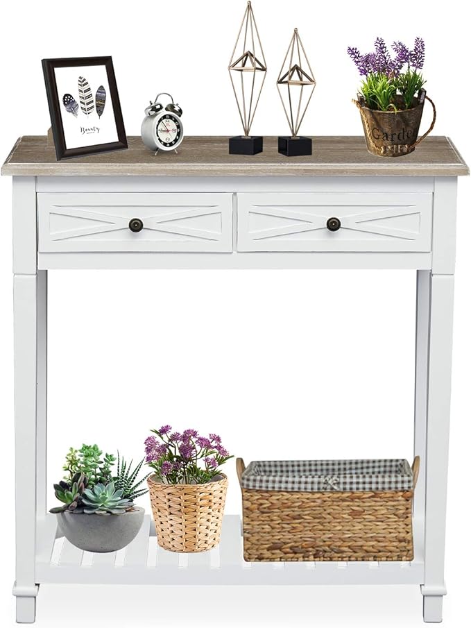 Kinfant Modern Console End Table with 2 Drawer and Storage Shelf for Entryway Living Room Hallway, White