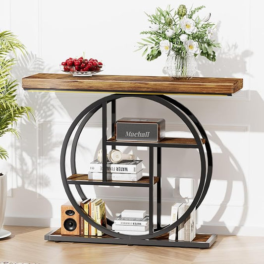 Console Tables for Entryway, 4-Tier Industrial Narrow Wood Sofa Table, Entryway Table with Storage Shelves for Living Room (Without Outlet & LED)