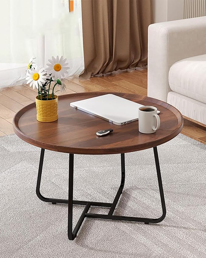 20 inches Round Coffee Table, Wooden Surface Top & Sturdy Metal Legs Coffee Table with Fluted, End Table for Living Room Bedroom Office Balcony Yard (Walnut, 20 inches)