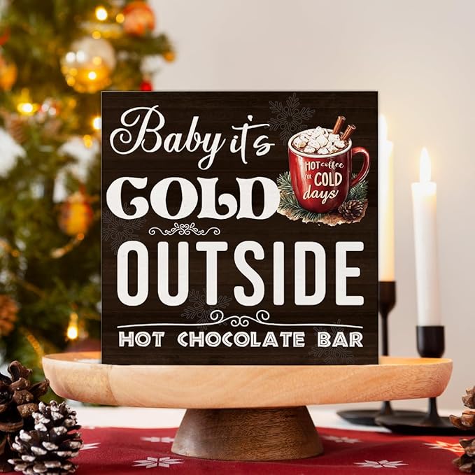 Hot Chocolate Bar Christmas Decorations - Winter Christmas Decor, Hot Cocoa Bar Wooden Sign, Home Kitchen Decor for Desk Table Shelf 5 X 5 Inches