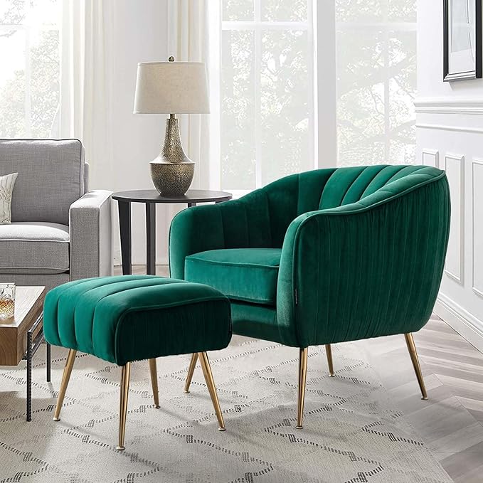 Velvet Accent Chair with Ottoman, Modern Tufted Barrel Chair Ottoman Set for Living Room Bedroom, Golden Finished, Dark Green