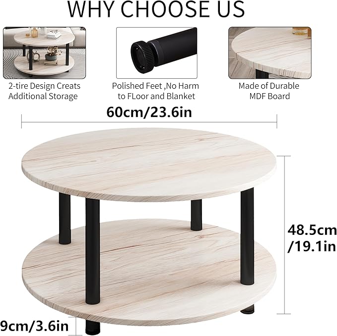 23.6" Round Coffee Table, 2-Tier Small Circle Coffee Table with Storage, Modern Center Accent Table with Metal Frame, Side Table End Table for Small Space, Living Room, Office, Teak Oak