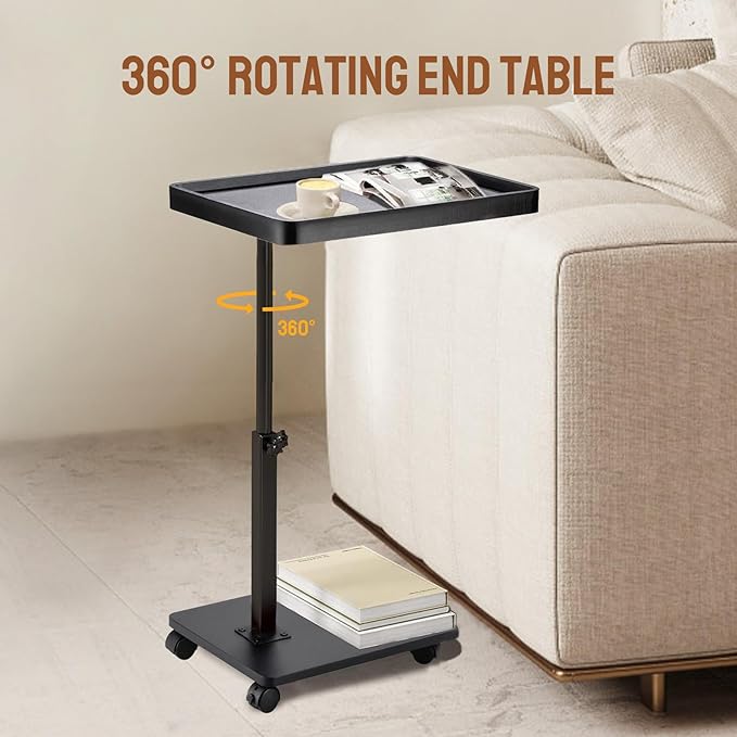 Adjustable C Shaped Side Table, C Table End Tables with Wheels for Sofa, 360° Swivel Sofa Tables for Livingroom,Bedroom,Study and Small Spaces (Glossy Black)