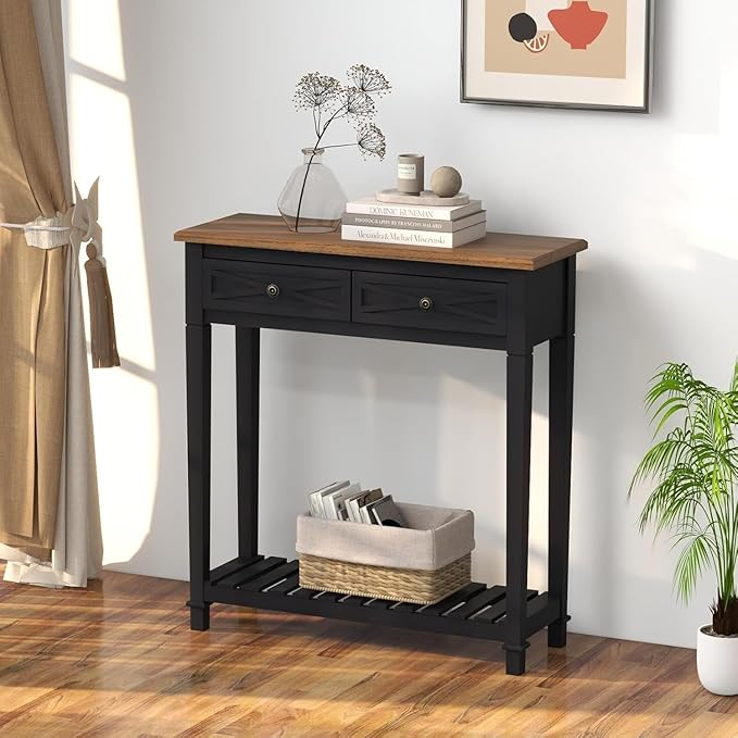 Console Table for Entryway with 2 Drawers, 30 Inch Long Entryway Table w/Open Storage Shelves and Handmade Metal Handle, Narrow Foyer Sofa Table for Living Room, Hallway, Black