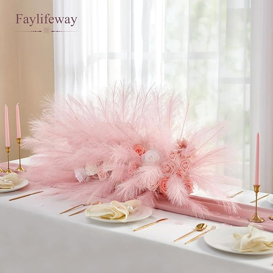 𝟱𝟬𝙥𝙘𝙨 Pampas Grass 𝟭𝟳in, Pink Artificial Dried Pampas Grass Decor for Living Room, Faux Pampas Grass Vase Filler Fluffy for Wedding Party Boho Decoration (𝗣𝗶𝗻𝗸)