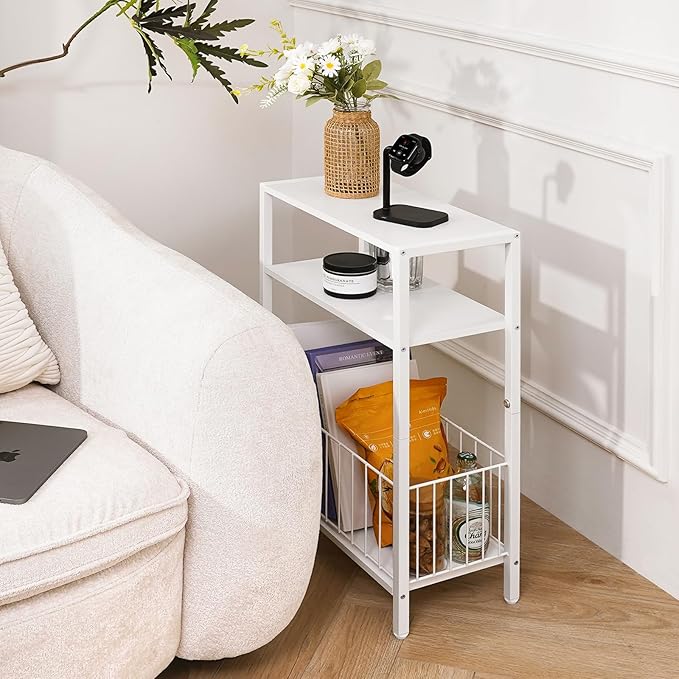 Yoobure Narrow Side Table with Storage Basket, Small End Table for Small Spaces, Skinny Side Tables Living Room Bedroom Office, Slim Nightstand 3 Tier Bedside Table Space-Saving for Magazine, White