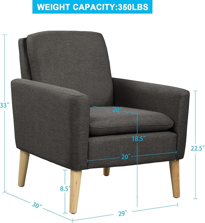 Lohoms Modern Accent Chair for Living Room, Comfy Upholstered Linen Fabric Single Sofa Chair for Bedroom, Guest Room, Office, Waiting Area, Black Armchair with Wood Legs