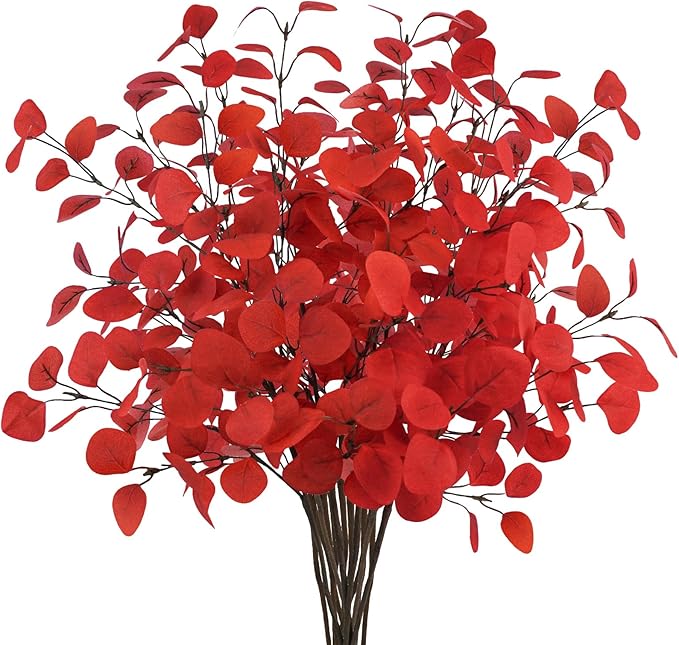 16Pcs Artificial Eucalyptus Leaves Stems 33.8‘’ Eucalyptus Plants Branches Greenery for Home Fireplace Farmhouse Party Wedding Table Bathroom Christmas Décor Red
