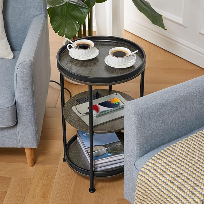 Dulcii Round Side Table with Charging Station, End Table with 3 Shelves for Living Room, Bedroom Nightstand with Steel Frame for Small Spaces, Industrial Round Sofa Table (USB+Grey)