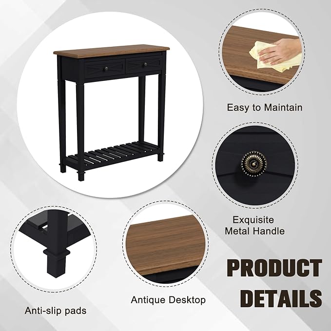 kinbor Narrow Console Table with Shelf ＆ Drawers Small Entryway Table Hallway Table for Entryway Living Room Bedroom Foyer Office Black