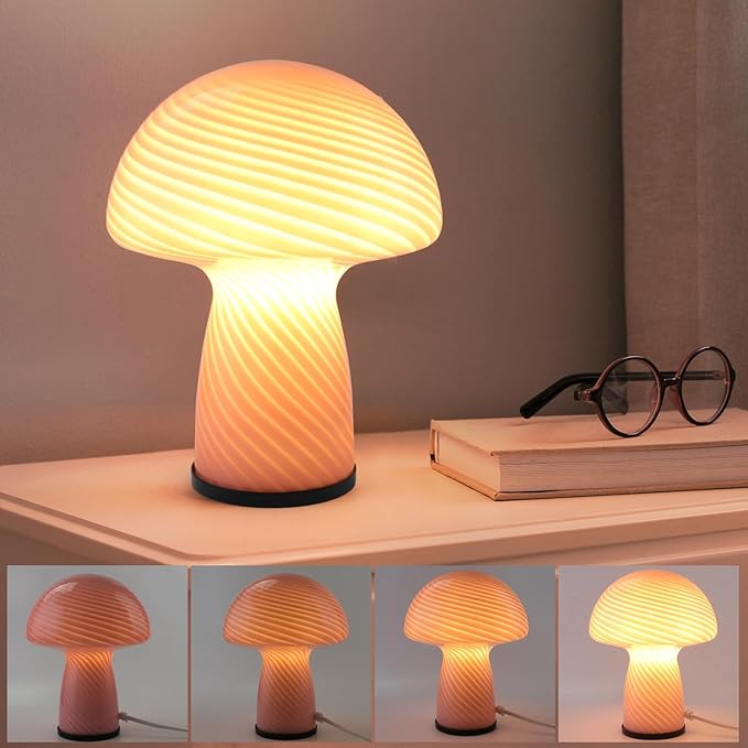 Dimmable Mushroom lamp,Pink Glass Mushroom Bedside Table Lamp Translucent Vintage Style Small Nightstand Desklamp for Home Decor, Dining, Living, Bedroom, Gift (Striped Pink)