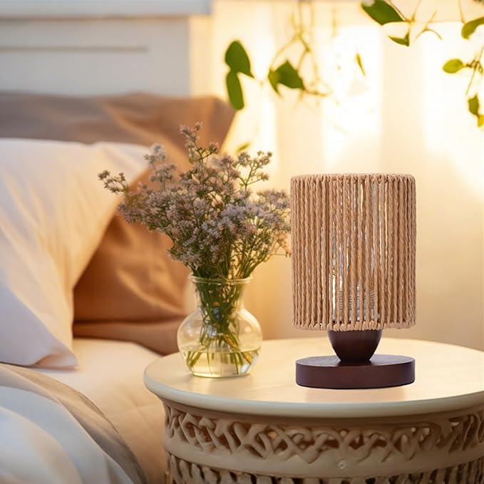 Rattan Table Lamp,Boho Small Beside Lamp,Farmhouse Table Lamp for Room Decor,Vintage Wicker Wooden Nightstand Bamboo Woven End Table Lamps for Bedroom Living Room Desk Kids Room,LED Bulb Included
