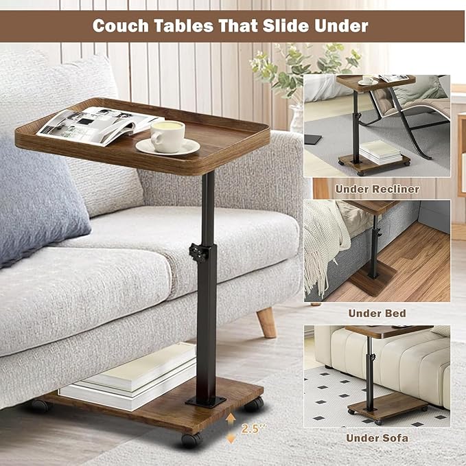 Gets Adjustable Height Sofa Tray Table for Couch,360°Swivel TV Tray for Small Spaces,C Table End Table with Wheels for Eating, Livingroom, Bedroom, Sofa-Walnut,15.8" X 11.8" X 31.5"