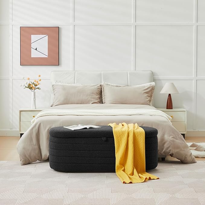 Storage Ottoman Bench End of Bed for Bedroom,45 inch Boucle Upholstered Entryway Shoe Seat Bench w/ Storage,Sherpa Modern Cute Padded Blanket Chest Stool Foot Rest for Living Room,Black