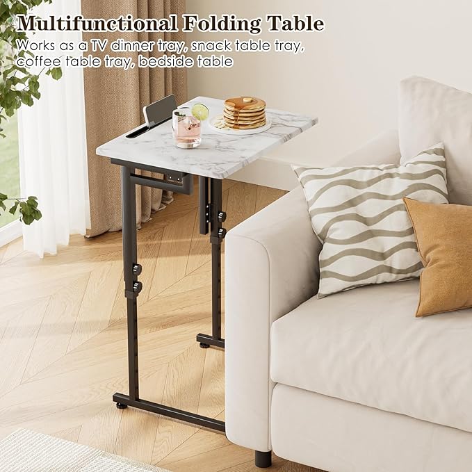 TV Tray, Folding TV Dinner Table, Adjustable Small C-Shaped End Tray for Eating, Foldable Slide Under Couch Side Table for Recliner, Living Room,No Assembly Required(White Marble,2Pcs)