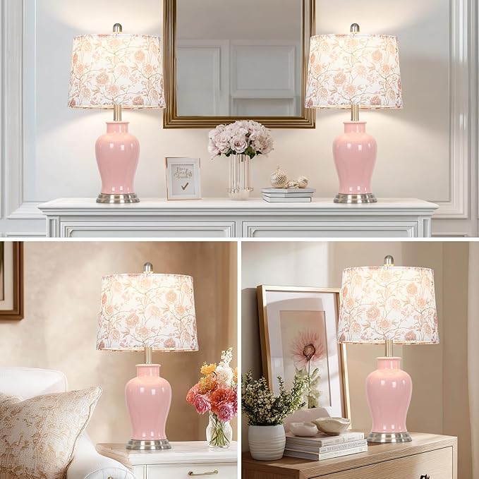 Pink Ceramic Table Lamp with Flower Lampshade, 23" Cute Ceramic Bedside Lamp with Ginger Jar Design, Modern Living Room Lamps Set 2, Elegant Bedroom Lamps for Nightstand Desk Side Home Decor