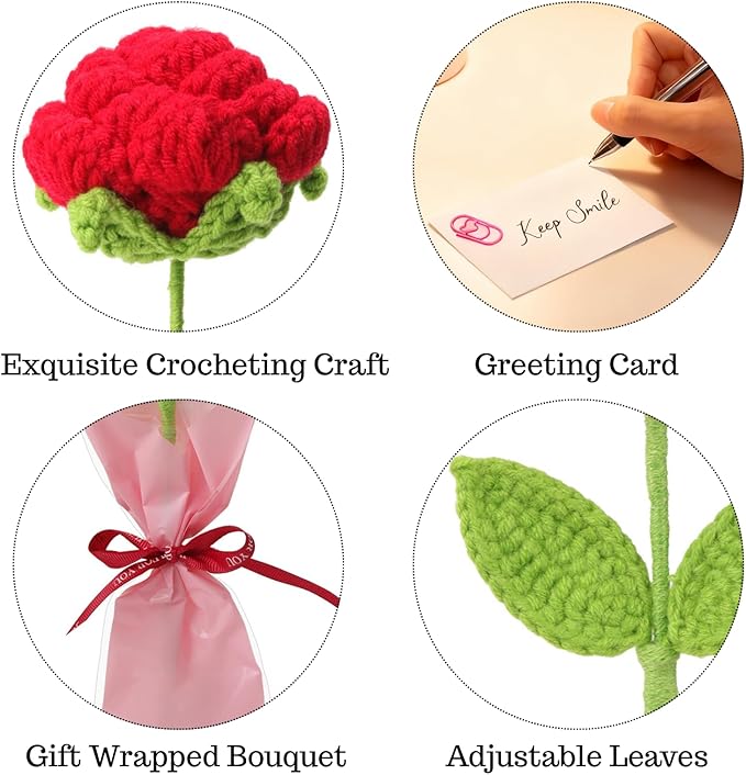 Hand-Crocheted Pink Rose Heart Bouquet - DIY Floral Doll Gift for Women, Girlfriend - Valentine's, Birthday, Home Office Desk Decor