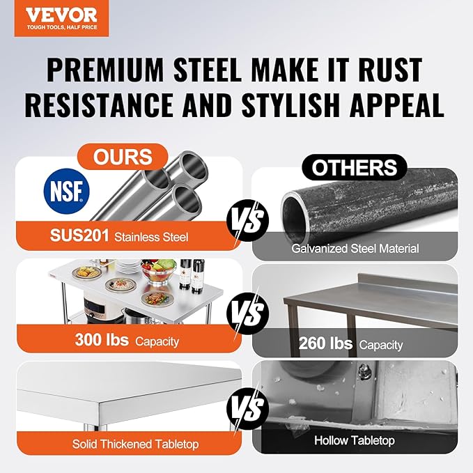 VEVOR Commercial Worktable Workstation 48 x 24 Inch Folding Commercial Prep Table, Heavy-duty Stainless Steel Folding Table with 772 lbs Load, Kitchen Work Table, Silver Stainless Steel Kitchen Island