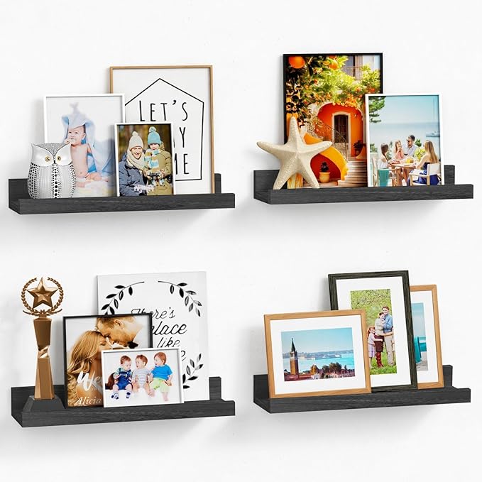 Forbena Black Picture Ledge Shelf, Floating Shelves with Lip for Wall, Small Wall Shelves for Bathroom Bedroom Kitchen Office Living Room Books, Art Pictures, Photo Frame, Plants (4-Pack, Real Wood)