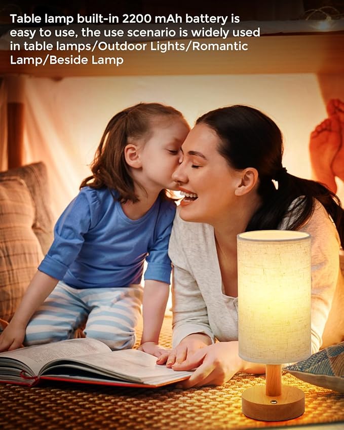 Cordless Table Lamp, 2200mAh Battery Operated Desk Lamp, Touch Bedside Lamps for Night Stands, Warm Light Mini Boho Lamp, Wood Base Round Flaxen Fabric Shade for Living Room,LED Bulb Included (Beige)