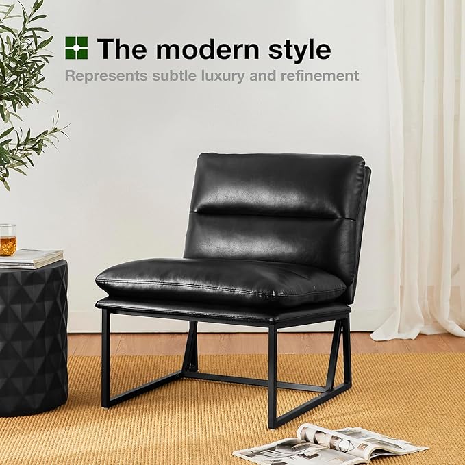 Glitzhome Mid Century Modern Accent Chairs, Set of 2 Black Thick Leatherette Leisure Chairs with Metal Frame, Upholstered Chairs for Living Room, Bedroom, Home Office