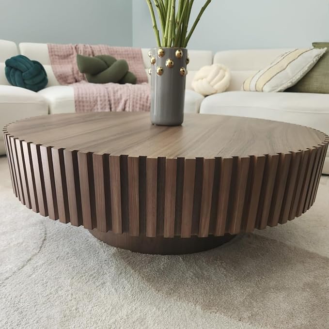39.37'' Round Coffee Table for Living Room, Modern Wood Nesting Coffee Table Handcraft Circle Fluted Drum Coffee Table, Easy Assembly