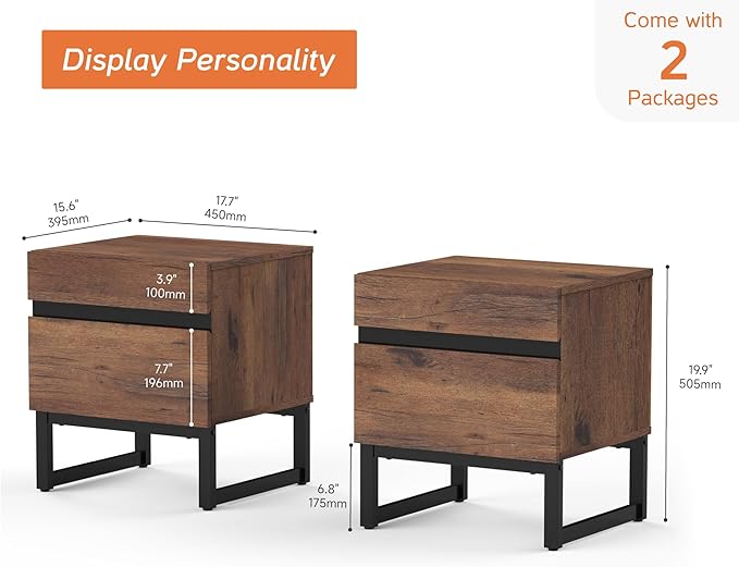 WAMPAT 2 Piece Modern End Table with 2 Drawers, Farmhouse Sofa Table, Wooden Rustic Side Sofa Table with Metal Leg for Living Room, Nighstand for Bedroom, Brown