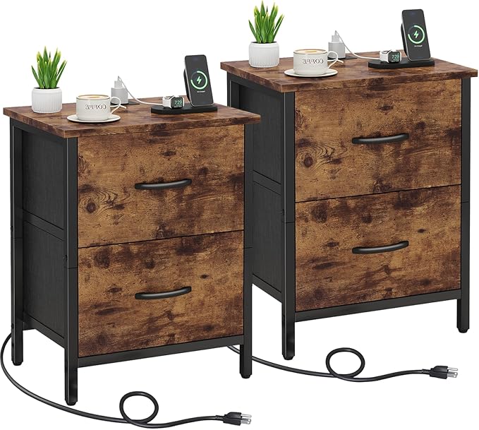 Vagusicc Nightstand Set of 2 with Charging Station, End Table Bedside Table with Power Outlet & USB Ports, Side Table with 2 Fabric Drawers for Bedroom, Living Room, Rustic Brown